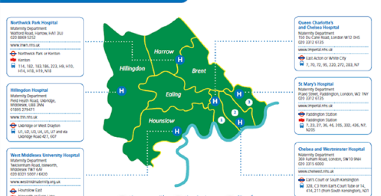 The title is 'there are six hospital maternity units in North West London', the boroughs shown are Harrow, Hillingdon, Brent, Ealing, Hammersmith and Fulham, Kensington and Chelsea, and City of Westminster.