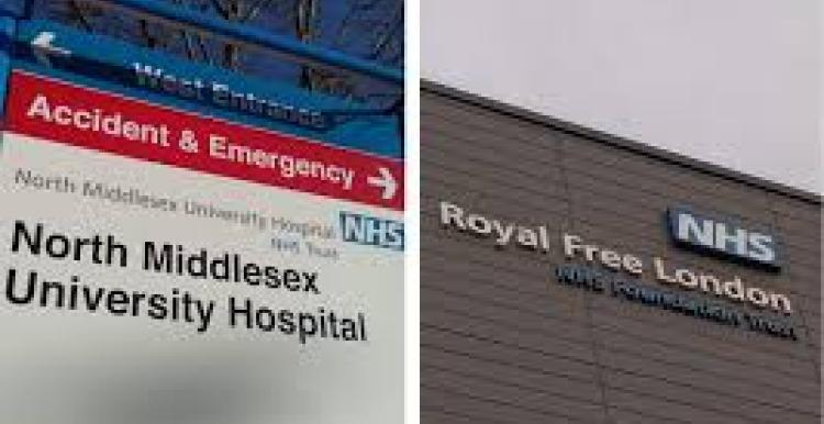 The image is split into two sections, on the left and right. The left is the accident and emergency sign for the North Middlesex University Hospital. The right side image is the Royal Free London NHS sign