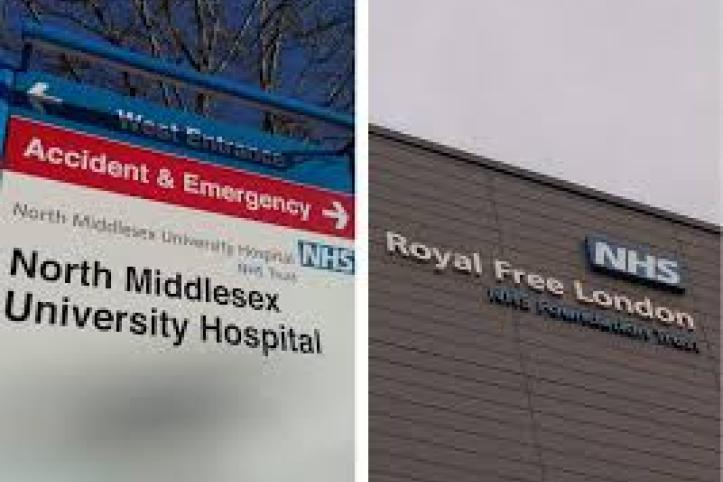 The image is split into two sections, on the left and right. The left is the accident and emergency sign for the North Middlesex University Hospital. The right side image is the Royal Free London NHS sign