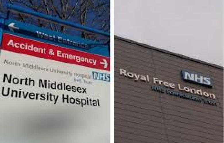 The image is split into two sections, on the left and right. The left is the accident and emergency sign for the North Middlesex University Hospital. The right side image is the Royal Free London NHS sign