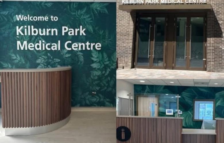 This is a picture of Kilburn Park Medical Centre. The picture is a collage of three images. The first image is the receptionist counter with the sign that says 'Welcome to Kilburn Park Medical Centre'.